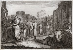 Bible of Royaumont, Old Testament: David dances before the Ark of the Covenant. David having resolved a second time to bring the Ark to his home, has it carried and accompanied by Levites, to avoid an accident similar to that of Uzzah. He