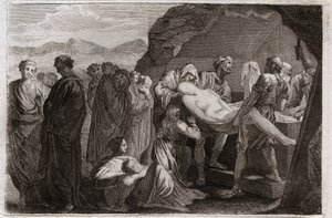Bible of Royaumont, Old Testament: Death of Sarah. Sarah dies. Abraham buys a sepulchre from the city of Geth to bury her. Illustration from 1811. by Unknown artist