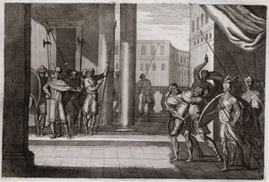 Bible of Royaumont, Old Testament: Dinah went out of curiosity to see the women of Shechem, and the King of that city had made him violence, his brothers took revenge and killed all the people of Shechem with the King. Illustration from 1811. by Unknown artist