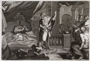 Bible of Royaumont, Old Testament: Hezekiah receives health. King Hezekiah was ill unto death, received health and another fifteen years of life. The prophet Isaiah announces his recovery: the sign will be to push back the shadow of the clock by ten degree by Unknown artist