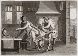 Bible of Royaumont, Old Testament: Jacob and Esau. Esau sells his brother Jacob his birthright for some lentils. Illustration from 1811. by Unknown artist