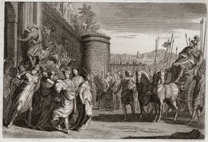 Bible of Royaumont, Old Testament: Jephthah sacrifices his daughter. Jephthah, one of the judges of Israel, vowed to sacrifice to God the first person who would come to him after his victory against the Ammonites. It was his daughter. Illustration from 181 by Unknown artist