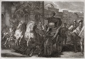 Bible of Royaumont, Old Testament: Jezebel eaten by dogs. Jehu has Jezebel thrown out of a window, and she is eaten by dogs. Illustration from 1811.