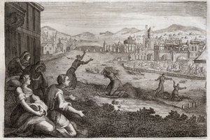 Bible of Royaumont, Old Testament: Midwives of Egypt. Pharaoh causes the male children of the Israelites to be thrown into the Nile. Illustration from 1811 by Unknown artist
