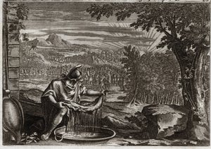Bible of Royaumont, Old Testament: Miracle of Fleece. Gideon obtained from God the miracle of the fleece as proof that he had chosen it and that he would make it the liberator of his people. Illustration from 1811. by Unknown artist