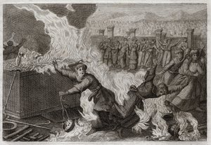 Bible of Royaumont, Old Testament: Nadab and Abiu. Nadab (Nadav) and Abiu (Abihou), the sons of Aaron, who set a foreign fire in their incenses, to offer incense unto God, were burned in the Tabernacle itself. Illustration from 1811 by Unknown artist