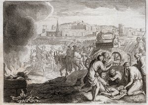 Bible of Royaumont, Old Testament: Uzzah struck by God. David wants to bring the Ark of the Covenant back home. Uzzah died, who put his hand there to stop it from falling. Illustration from 1811.