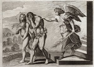 Bible of Royaumont, Old Testament: Punishment of Adam. God drives Adam and Eve out of Paradise after they fall, and puts a Cherub at the door to defend their entrance. Illustration from 1811.