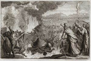 Bible of Royaumont, Old Testament: Punishment of Celestial Fire. Korah, Dathan and Abiram murmuring against Moses, and affecting the ruler Priesthood, are all destroyed alive, and the earth opens to devour them. Episode of the Exodus. Illustration from 181
