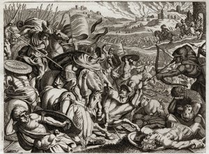 Bible of Royaumont, Old Testament: Punishment of the Benjamites. The tribe of Benjamin is exterminated. Illustration from 1811 by Unknown artist