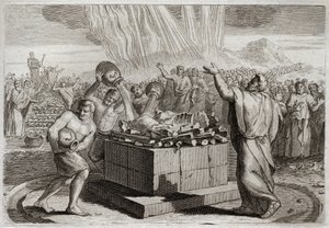 Bible of Royaumont, Old Testament: Sacrifice of Elijah. And having made the true God known by the miracle of fire which came down from heaven upon his sacrifice, commanded the people to kill the four hundred and fifty priests of the idol of Baal. Illustrat