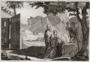 Bible of Royaumont, Old Testament: Sacrifice of Gedeon. Gedeon (Gideon) is called by God to take away the Jews from their enemies. He offers a sacrifice on a stone, from which he comes out a fire that consumes it. Illustration from 1811 by Unknown artist