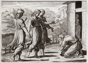 Bible of Royaumont, Old Testament: Sarah Conceives Isaac. Abraham Receives Three Angels Who Promise Sarah a Son. Illustration from 1811