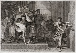 Bible of Royaumont, Old Testament: Saul wants to kill David. Saul full of anger and envy against David, wants to pierce his spear when he played the harp in front of him. Illustration from 1811