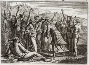Bible of Royaumont, Old Testament: Solomon King. David established Solomon King at the prayers of Bethsabee and Prophet Nathan. Illustration from 1811