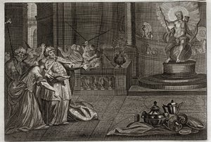 Bible of Royaumont, Old Testament: The Idol of Bel. Daniel destroyed the Idol of Bel, and killed a dragon whom the Babylonians worshipped. Illustration from 1811.