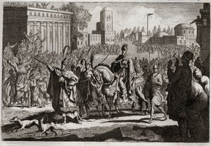 Bible of Royaumont, Old Testament: Triumph of Mordecai. Haman is forced by the King to proclaim the triumph of Mordecai his enemy throughout the city of Susa. Illustration from 1811.