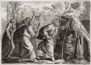 Bible of Royaumont, Old Testament: Water from the Rock. Moses brings water out of the rock, and gives a drink to the people of Israel. Illustration from 1811.