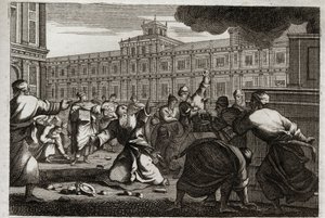 Bible of Royaumont, Old Testament: Zechariah stoned. Zechariah, the High Priest, is stoned by the command of Joash (Jehoash) king of Judah, because he took him from his orders. Illustration from 1811. by Unknown artist