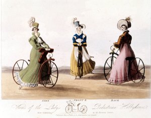 Bicycle for women from front, side and back. This is the model invented by Baron von Drais: the Draisienne. It was made of wood and there were no pedals yet (color lithography of 1819)