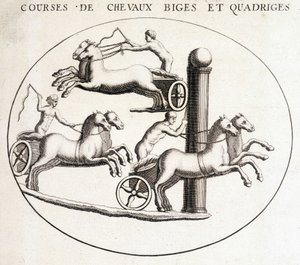 Bigae and quadrigae horse races. 19th century engraving by Unknown artist