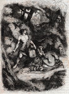 Bradamante defeated by a giant - engraving of 1851 from 