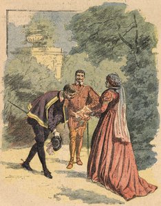 Bussy greets Jeanne, accompanied by Saint Luke, in the park. Illustration of the novel 