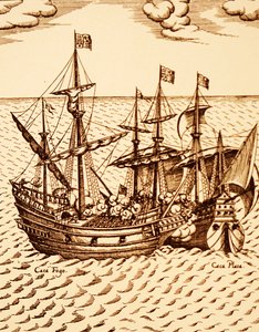 Capture of the Spanish galleon the Cagafuego by the Golden Hind leaded by Francis Drake in March 1579 (engraving)