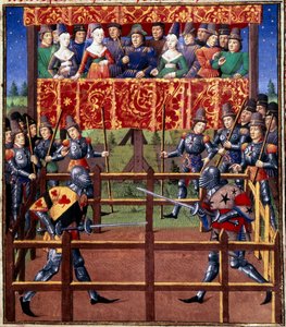Ceremonies and ordinances as a pledge of battle: duel in closed field between two knights. Miniature from a manuscript by Jean de Rolin (15th century) 1460 Paris, B.N. by Unknown artist