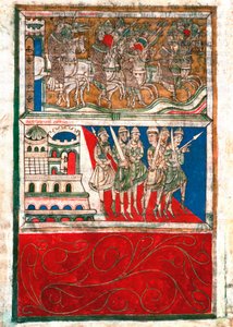 Charlemagne and his knights leave Aachen and go to Santiago de Compostela. Miniature from 