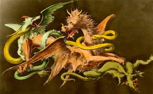 A dragon fighting two monsters by Unknown artist