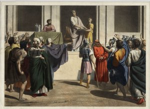 Christ before Pontius Pilate: Seeing that the people wanted the death of Jesus and fearing a riot, Pilate took water, washed his hands before the crowd saying, 