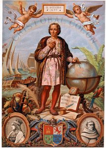 Christopher Columbus. On the left, portrait of Isabella the Catholic, Queen of Castile (1451-1504). Spanish chromolithography of the 19th century by Unknown artist