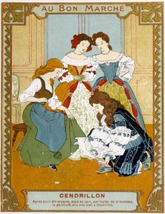 Cinderella tries the slipper of vair - Bon Marché advertising label by Unknown artist