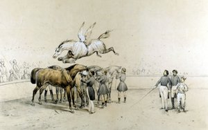 Circus show: a winged horse jumps over three blindfolded horses. by Unknown artist