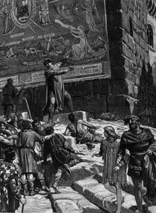 Cola di Rienzo (1314-1354), in the campaign to become a tribune of the Roman people, explains to the people of Rome the frescoes he had installed in the Capitol symbolizing the agony of Rome in a stormy sea surrounded by Troy, Jerusalem, Carthage and Babyl by Unknown artist