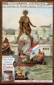 Colossus famous: the Colossus of Rhodes (Apollo, Helios) (height 32 meters), the sculptor Chares de Lindos (4th century BC); the fleet of Rhodes leaving the port (Greece)