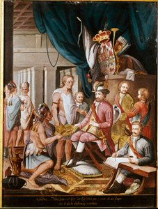 Conquest of Mexico: Montezuma offers presents to Hernan Cortez and swears loyalty to the Kingdom of Spain by Unknown artist