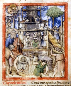 Construction of the Tower of Babel. Miniature from codex 212 (or padovano codice or Bible of Padua) 1390-1400 Rovigo, Accademia dei Concordi