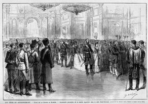 Coronation celebrations: grand ball or kourka at the Kremlin. Polish walk of Emperor Alexander III of Russia (1845-1894) and Impress Dagmar of Denmark (1847-1928) in St. George