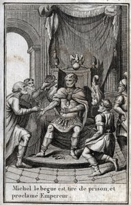 Coronation of Michael II the Amorian (the Stammerer) (770-829) as Byzantine emperor after his release from prison in 820. He is the founder of the Amorian dynasty. Engraving in "Beaute de l