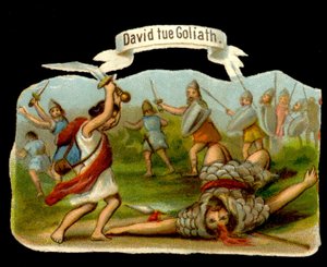 David and Goliath: David kills Goliath with his sword. 19th century chromolithography by Unknown artist
