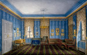Dayroom with blue wallpaper and garlands