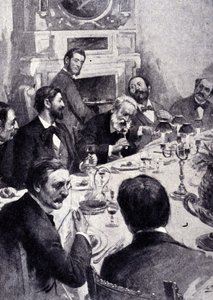 Dining at the table by Victor Hugo with Jean Mounet-Sully (1841 - 1916), French actor. Engraving of the 19th century