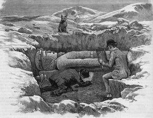 Discovered the colossal statue of Ramses II. Hieroglyphs are calculated using a mirror reflection. Engraving from 1886 by Unknown artist