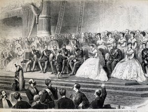 Distribution of awards to the laureates of the World Exposition - The Emperor receives from his son, the Imperial Prince, the Grand Prix of his labourers houses and model farms