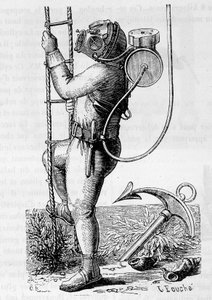 Diver coated with rubber clothing and regulator tank - in 