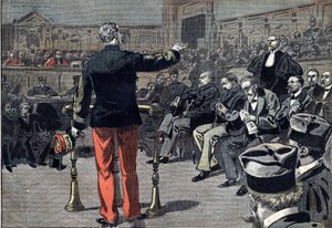 Dreyfus case - Trial of Emile Zola - 1898: General Auguste Mercier (1833-1921) answers questions of Fernand Labori (1860-1917), lawyer of the writer Emile Zola (1840-1902). Also represented are the president of the tribunal Albert Delegorgue, Messrs. Perr