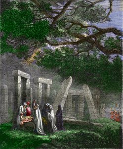 Druids practicing a human sacrifice at Stonehenge stopped by Roman soldiers - Colouring engraving of the 19th century