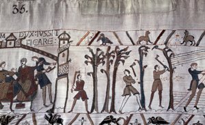 Duke Guillaume ordered the construction of ships, trees were cut down - Bayeux tapestry, known as Embroidery of Queen Mathilde by Unknown artist